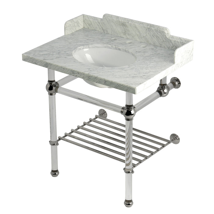 Kingston Tulare LMS3030MAB6 - Pemberton 30-Inch Carrara Marble Console Sink with Acrylic Legs and Shelf (8-Inch, 3-Hole), Carrara Marble White/Polished Nickel
