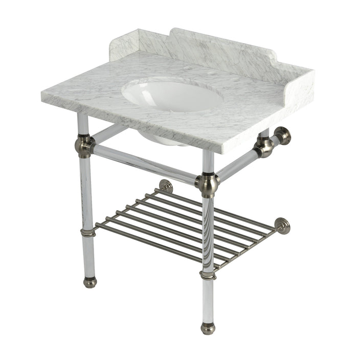 Kingston Tulare LMS3030MAB8 - Pemberton 30-Inch Carrara Marble Console Sink with Acrylic Legs and Shelf (8-Inch, 3-Hole), Carrara Marble White/Brushed Nickel