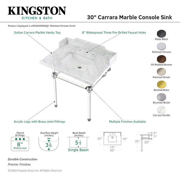 Kingston Tulare LMS3030MASQ0 - Pemberton 30-Inch Carrara Marble Console Sink with Acrylic Legs (8-Inch, 3-Hole), Carrara Marble White/Matte Black