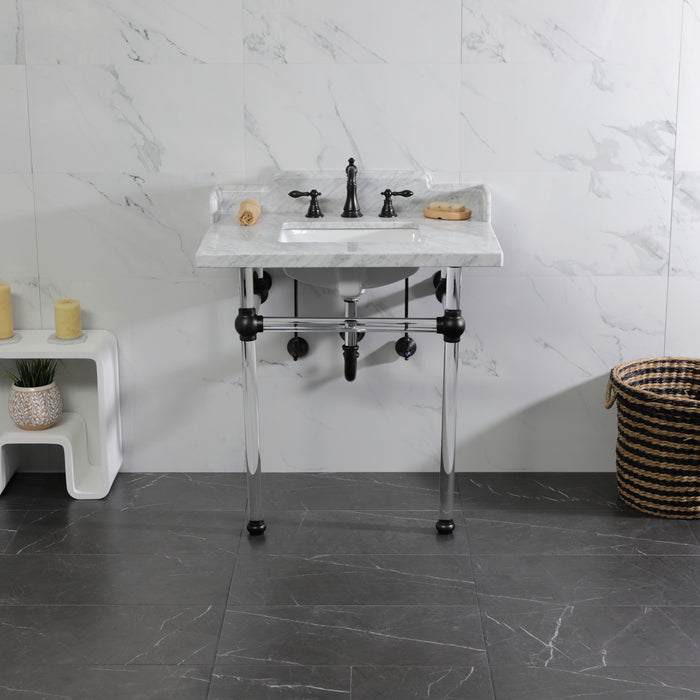 Kingston Tulare LMS3030MASQ0 - Pemberton 30-Inch Carrara Marble Console Sink with Acrylic Legs (8-Inch, 3-Hole), Carrara Marble White/Matte Black
