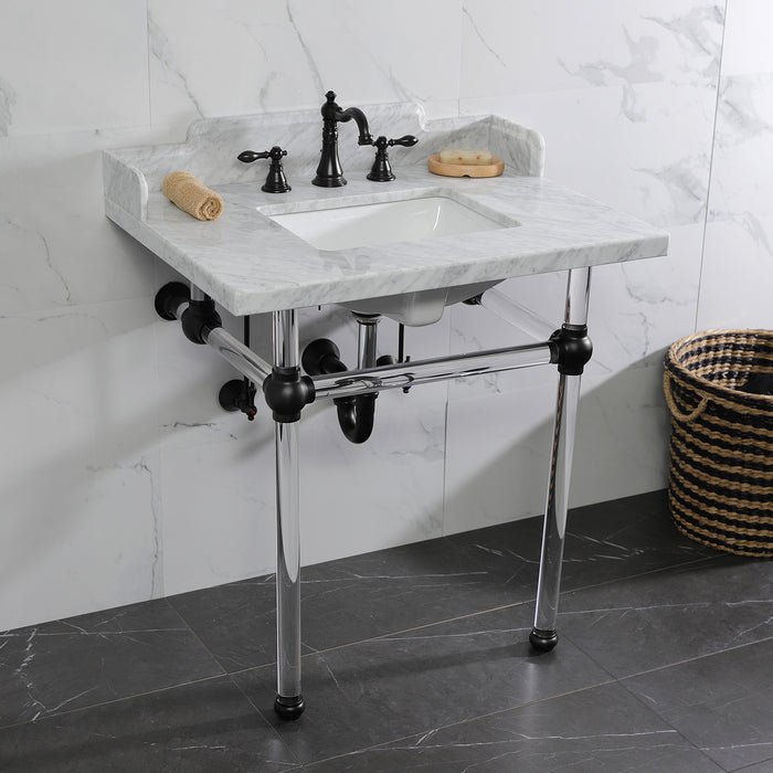 Kingston Tulare LMS3030MASQ0 - Pemberton 30-Inch Carrara Marble Console Sink with Acrylic Legs (8-Inch, 3-Hole), Carrara Marble White/Matte Black