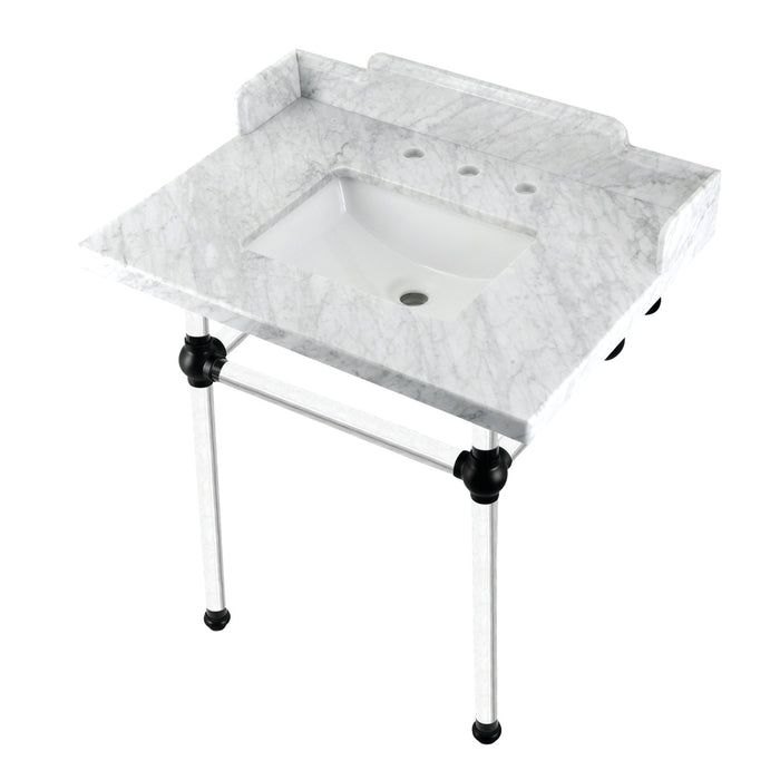 Kingston Tulare LMS3030MASQ0 - Pemberton 30-Inch Carrara Marble Console Sink with Acrylic Legs (8-Inch, 3-Hole), Carrara Marble White/Matte Black