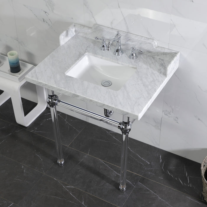Kingston Tulare LMS3030MASQ1 - Pemberton 30-Inch Carrara Marble Console Sink with Acrylic Legs (8-Inch, 3-Hole), Carrara Marble White/Polished Chrome