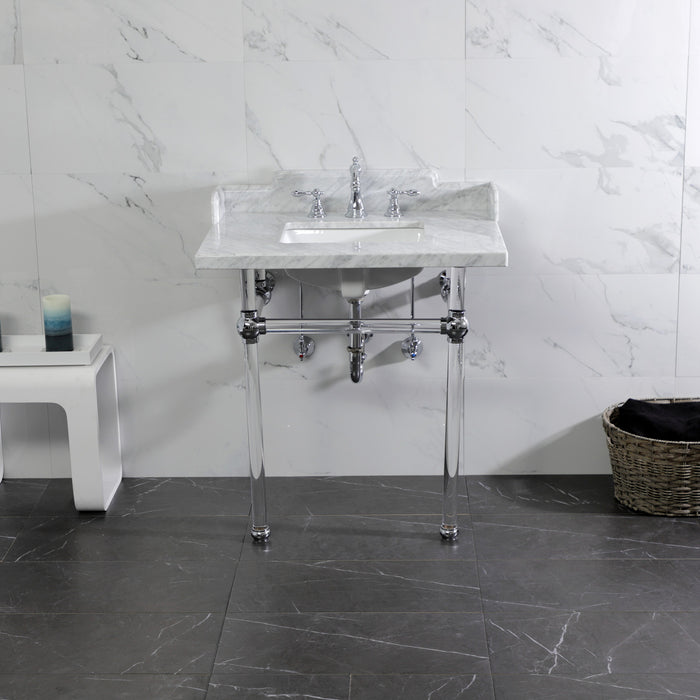 Kingston Tulare LMS3030MASQ1 - Pemberton 30-Inch Carrara Marble Console Sink with Acrylic Legs (8-Inch, 3-Hole), Carrara Marble White/Polished Chrome