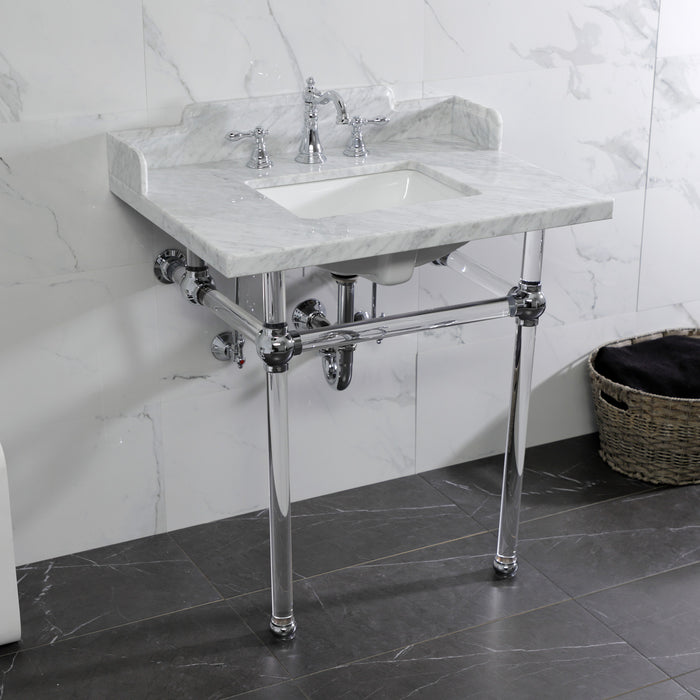 Kingston Tulare LMS3030MASQ1 - Pemberton 30-Inch Carrara Marble Console Sink with Acrylic Legs (8-Inch, 3-Hole), Carrara Marble White/Polished Chrome