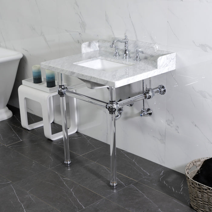 Kingston Tulare LMS3030MASQ1 - Pemberton 30-Inch Carrara Marble Console Sink with Acrylic Legs (8-Inch, 3-Hole), Carrara Marble White/Polished Chrome