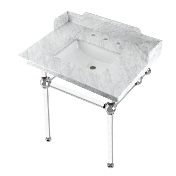 Kingston Tulare LMS3030MASQ1 - Pemberton 30-Inch Carrara Marble Console Sink with Acrylic Legs (8-Inch, 3-Hole), Carrara Marble White/Polished Chrome