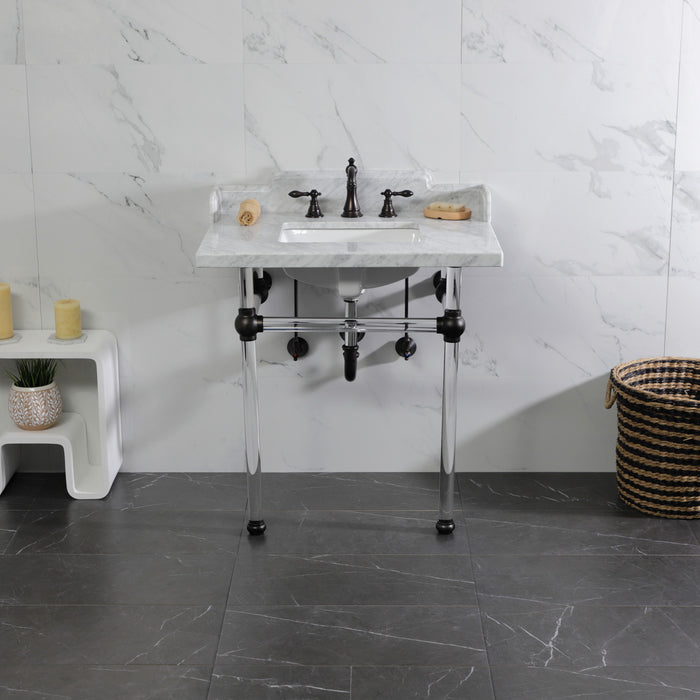 Pemberton LMS3030MASQ5 30-Inch Carrara Marble Console Sink with Acrylic Legs (8-Inch, 3-Hole), Carrara Marble White/Oil Rubbed Bronze
