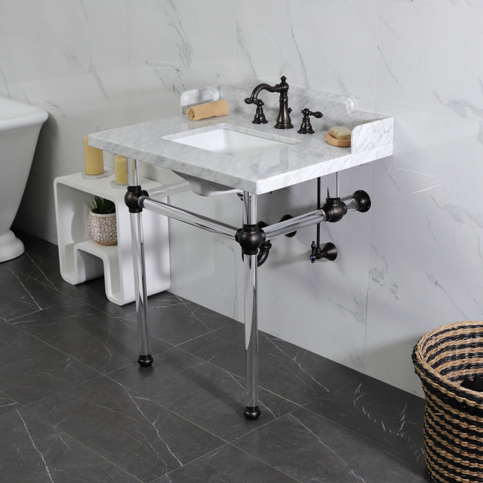 Pemberton LMS3030MASQ5 30-Inch Carrara Marble Console Sink with Acrylic Legs (8-Inch, 3-Hole), Carrara Marble White/Oil Rubbed Bronze