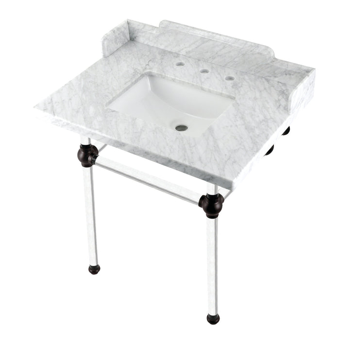 Pemberton LMS3030MASQ5 30-Inch Carrara Marble Console Sink with Acrylic Legs (8-Inch, 3-Hole), Carrara Marble White/Oil Rubbed Bronze