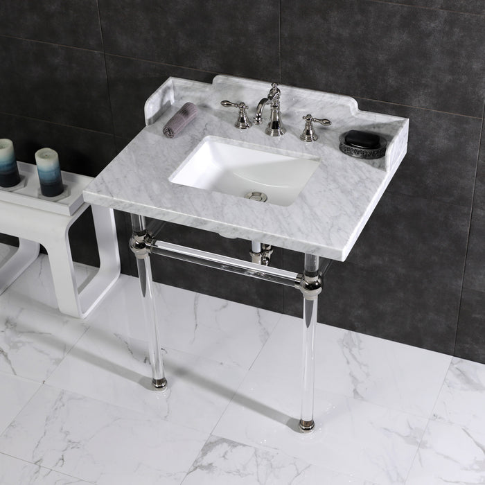 Pemberton LMS3030MASQ6 30-Inch Carrara Marble Console Sink with Acrylic Legs (8-Inch, 3-Hole), Carrara Marble White/Polished Nickel
