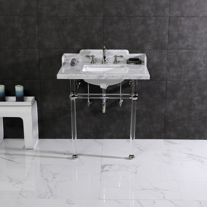 Pemberton LMS3030MASQ6 30-Inch Carrara Marble Console Sink with Acrylic Legs (8-Inch, 3-Hole), Carrara Marble White/Polished Nickel
