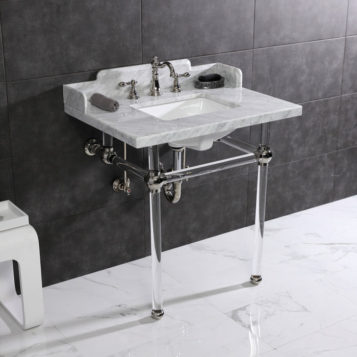 Pemberton LMS3030MASQ6 30-Inch Carrara Marble Console Sink with Acrylic Legs (8-Inch, 3-Hole), Carrara Marble White/Polished Nickel