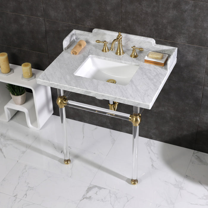 Kingston Tulare LMS3030MASQ7 - Pemberton 30-Inch Carrara Marble Console Sink with Acrylic Legs (8-Inch, 3-Hole), Carrara Marble White/Brushed Brass