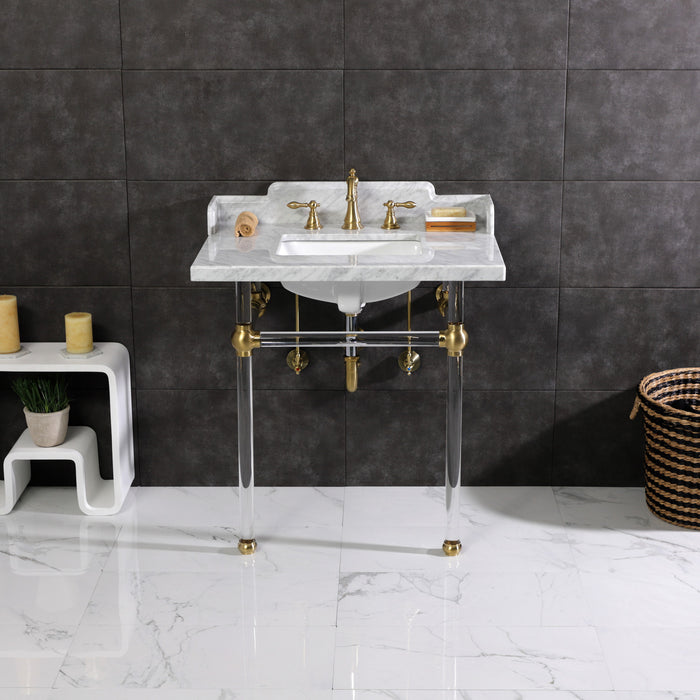 Kingston Tulare LMS3030MASQ7 - Pemberton 30-Inch Carrara Marble Console Sink with Acrylic Legs (8-Inch, 3-Hole), Carrara Marble White/Brushed Brass