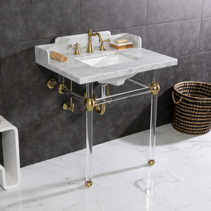 Kingston Tulare LMS3030MASQ7 - Pemberton 30-Inch Carrara Marble Console Sink with Acrylic Legs (8-Inch, 3-Hole), Carrara Marble White/Brushed Brass