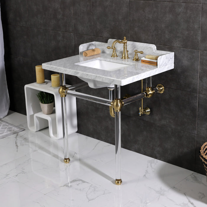 Kingston Tulare LMS3030MASQ7 - Pemberton 30-Inch Carrara Marble Console Sink with Acrylic Legs (8-Inch, 3-Hole), Carrara Marble White/Brushed Brass