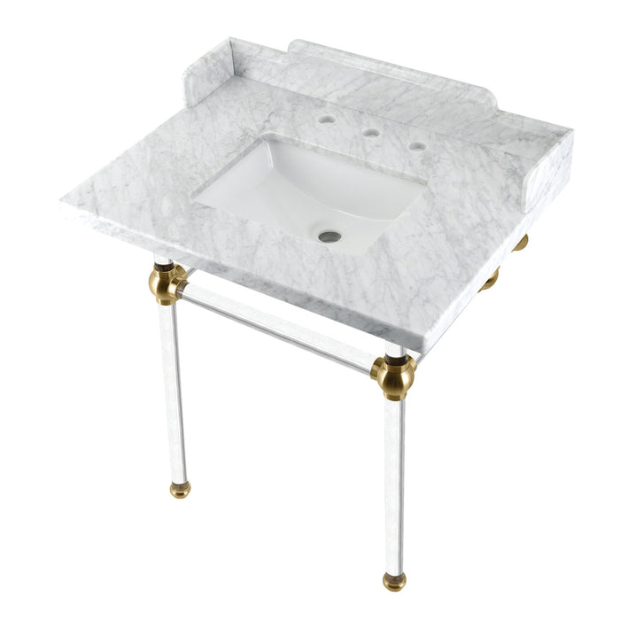 Kingston Tulare LMS3030MASQ7 - Pemberton 30-Inch Carrara Marble Console Sink with Acrylic Legs (8-Inch, 3-Hole), Carrara Marble White/Brushed Brass