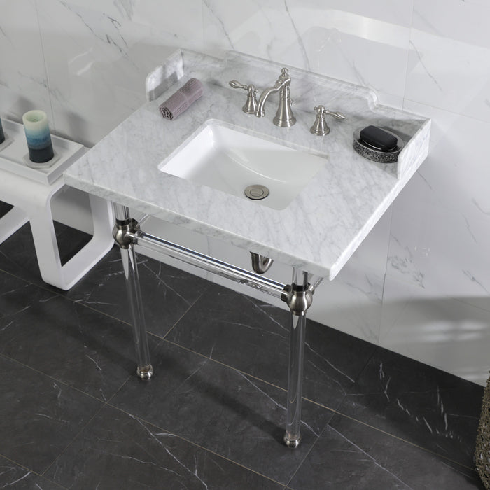 Kingston Tulare LMS3030MASQ8 - Pemberton 30-Inch Carrara Marble Console Sink with Acrylic Legs (8-Inch, 3-Hole), Carrara Marble White/Brushed Nickel