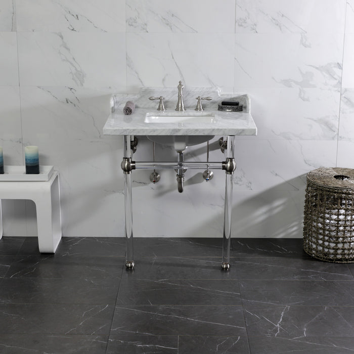 Kingston Tulare LMS3030MASQ8 - Pemberton 30-Inch Carrara Marble Console Sink with Acrylic Legs (8-Inch, 3-Hole), Carrara Marble White/Brushed Nickel
