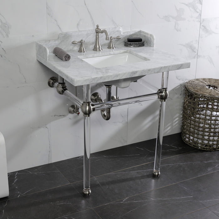 Kingston Tulare LMS3030MASQ8 - Pemberton 30-Inch Carrara Marble Console Sink with Acrylic Legs (8-Inch, 3-Hole), Carrara Marble White/Brushed Nickel