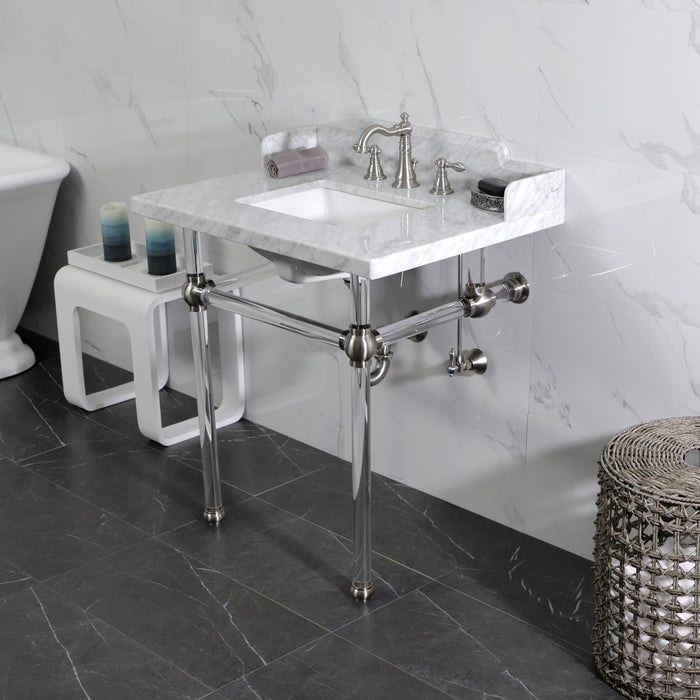 Kingston Tulare LMS3030MASQ8 - Pemberton 30-Inch Carrara Marble Console Sink with Acrylic Legs (8-Inch, 3-Hole), Carrara Marble White/Brushed Nickel