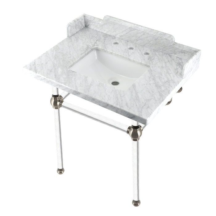 Kingston Tulare LMS3030MASQ8 - Pemberton 30-Inch Carrara Marble Console Sink with Acrylic Legs (8-Inch, 3-Hole), Carrara Marble White/Brushed Nickel