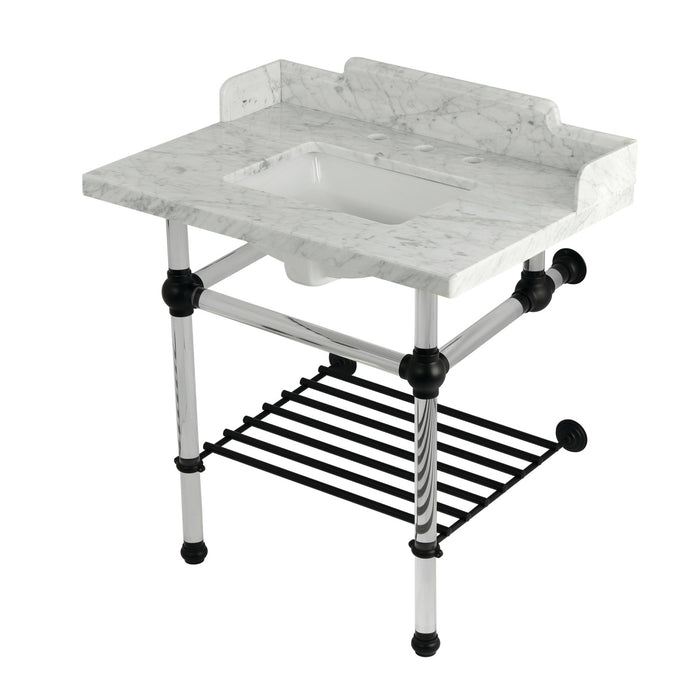 Kingston Tulare LMS3030MASQB0 - Pemberton 30-Inch Carrara Marble Console Sink with Acrylic Legs and Shelf (8-Inch, 3-Hole), Carrara Marble White/Matte Black