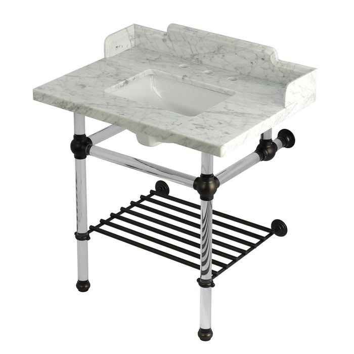 Kingston Tulare LMS3030MASQB5 - Pemberton 30-Inch Carrara Marble Console Sink with Acrylic Legs and Shelf (8-Inch, 3-Hole), Carrara Marble White/Oil Rubbed Bronze