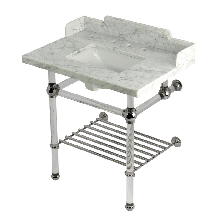 Kingston Tulare LMS3030MASQB6 - Pemberton 30-Inch Carrara Marble Console Sink with Acrylic Legs and Shelf (8-Inch, 3-Hole), Carrara Marble White/Polished Nickel