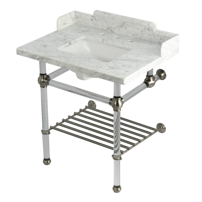 Kingston Tulare LMS3030MASQB8 - Pemberton 30-Inch Carrara Marble Console Sink with Acrylic Legs and Shelf (8-Inch, 3-Hole), Carrara Marble White/Brushed Nickel