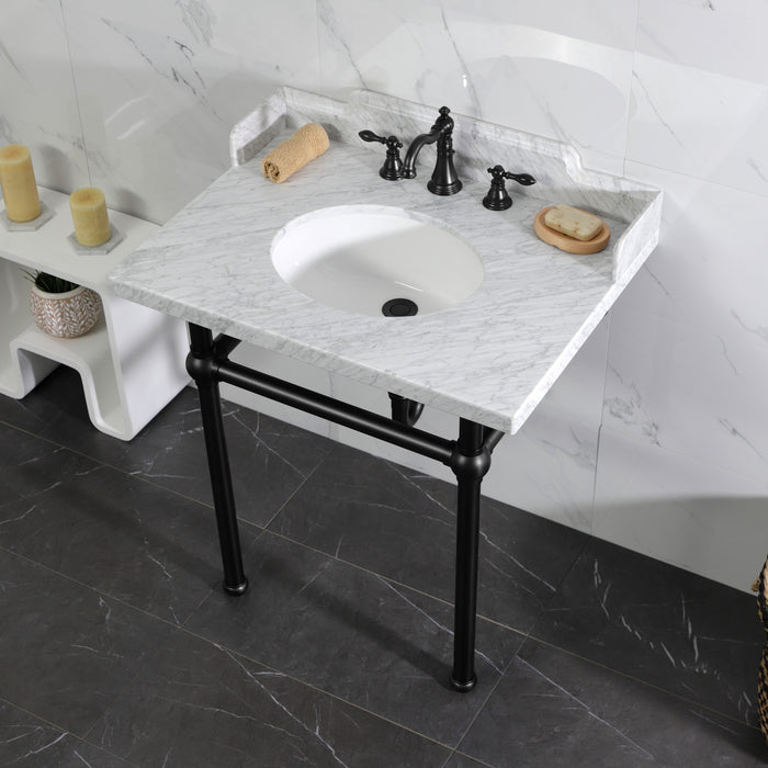 Kingston Heirloom LMS3030MB0 - Pemberton 30-Inch Carrara Marble Console Sink with Brass Legs (8-Inch, 3-Hole), Carrara Marble White/Matte Black