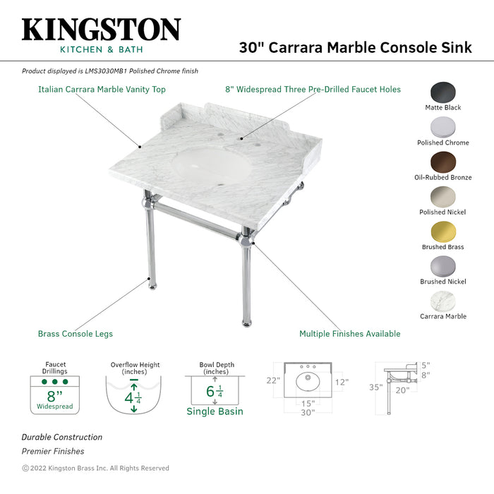 Kingston Heirloom LMS3030MB1 - Pemberton 30-Inch Carrara Marble Console Sink with Brass Legs (8-Inch, 3-Hole), Carrara Marble White/Polished Chrome
