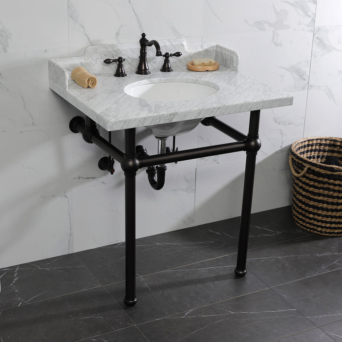 Kingston Heirloom LMS3030MB5 - Pemberton 30-Inch Carrara Marble Console Sink with Brass Legs (8-Inch, 3-Hole), Carrara Marble White/Oil Rubbed Bronze
