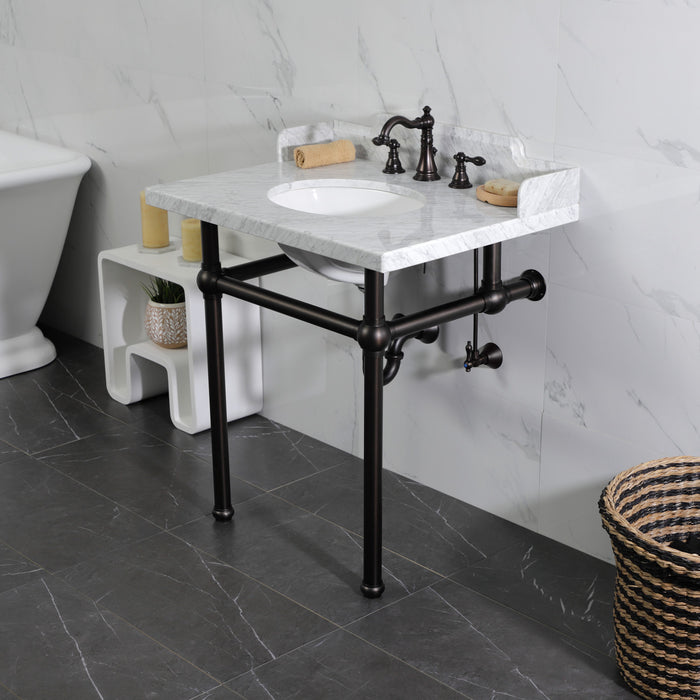 Kingston Heirloom LMS3030MB5 - Pemberton 30-Inch Carrara Marble Console Sink with Brass Legs (8-Inch, 3-Hole), Carrara Marble White/Oil Rubbed Bronze