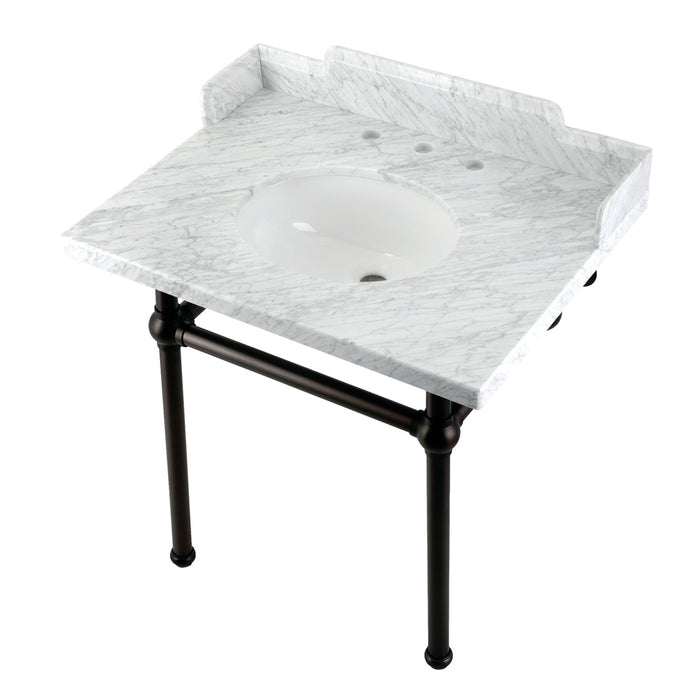 Kingston Heirloom LMS3030MB5 - Pemberton 30-Inch Carrara Marble Console Sink with Brass Legs (8-Inch, 3-Hole), Carrara Marble White/Oil Rubbed Bronze