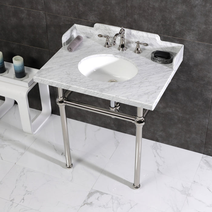 Kingston Heirloom LMS3030MB6 - Pemberton 30-Inch Carrara Marble Console Sink with Brass Legs (8-Inch, 3-Hole), Carrara Marble White/Polished Nickel