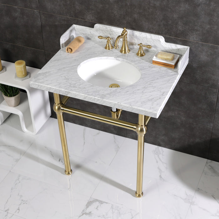 Kingston Heirloom LMS3030MB7 - Pemberton 30-Inch Carrara Marble Console Sink with Brass Legs (8-Inch, 3-Hole), Carrara Marble White/Brushed Brass