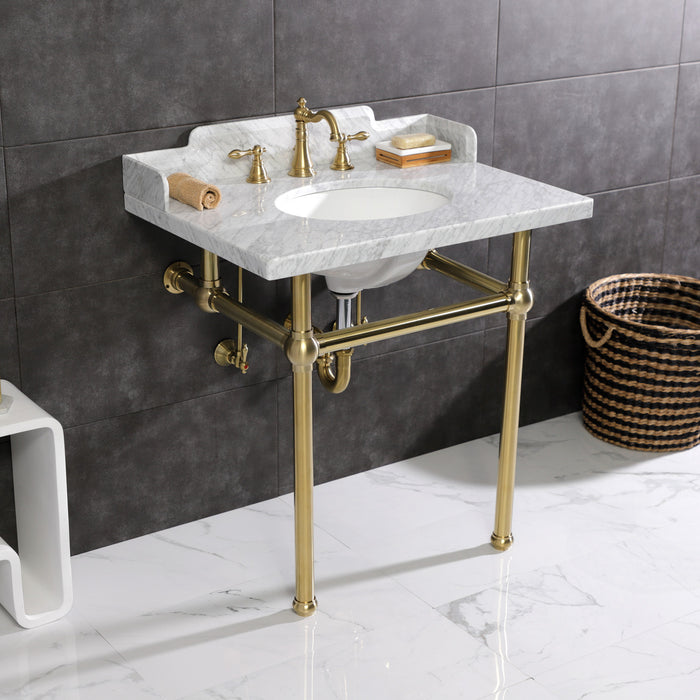 Kingston Heirloom LMS3030MB7 - Pemberton 30-Inch Carrara Marble Console Sink with Brass Legs (8-Inch, 3-Hole), Carrara Marble White/Brushed Brass