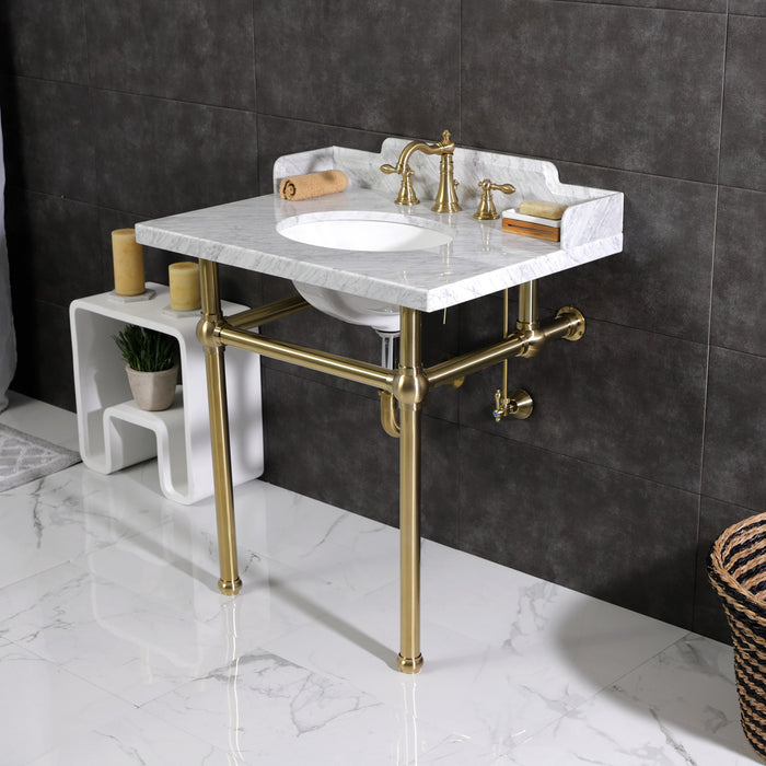 Kingston Heirloom LMS3030MB7 - Pemberton 30-Inch Carrara Marble Console Sink with Brass Legs (8-Inch, 3-Hole), Carrara Marble White/Brushed Brass