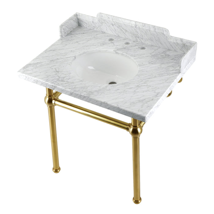 Kingston Heirloom LMS3030MB7 - Pemberton 30-Inch Carrara Marble Console Sink with Brass Legs (8-Inch, 3-Hole), Carrara Marble White/Brushed Brass