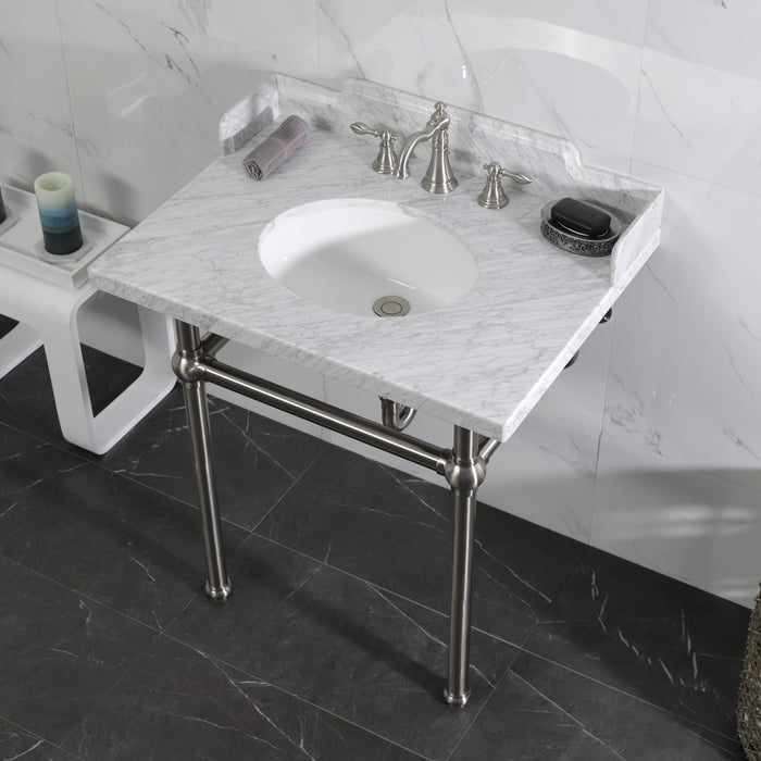 Kingston Heirloom LMS3030MB8 - Pemberton 30-Inch Carrara Marble Console Sink with Brass Legs (8-Inch, 3-Hole), Carrara Marble White/Brushed Nickel