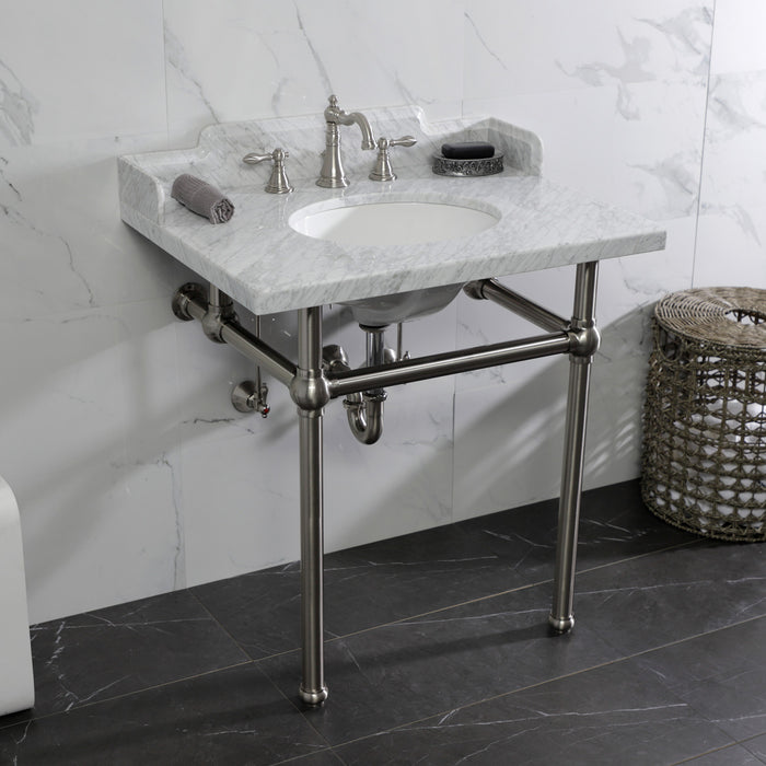 Kingston Heirloom LMS3030MB8 - Pemberton 30-Inch Carrara Marble Console Sink with Brass Legs (8-Inch, 3-Hole), Carrara Marble White/Brushed Nickel