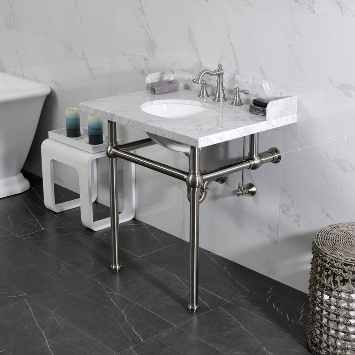 Kingston Heirloom LMS3030MB8 - Pemberton 30-Inch Carrara Marble Console Sink with Brass Legs (8-Inch, 3-Hole), Carrara Marble White/Brushed Nickel