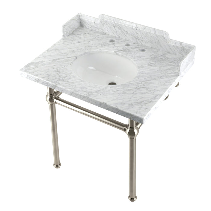 Kingston Heirloom LMS3030MB8 - Pemberton 30-Inch Carrara Marble Console Sink with Brass Legs (8-Inch, 3-Hole), Carrara Marble White/Brushed Nickel