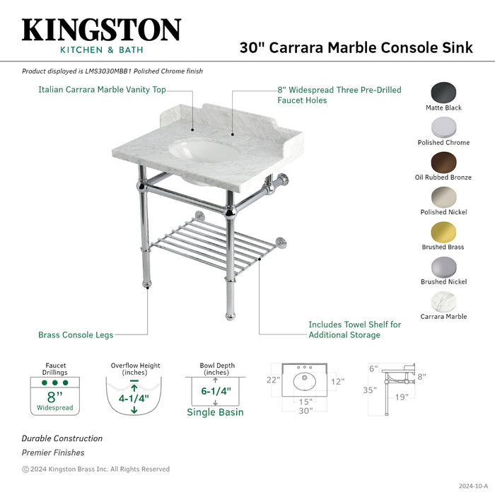 Kingston Heirloom LMS3030MBB6 - Pemberton 30-Inch Carrara Marble Console Sink with Brass Legs and Shelf (8-Inch, 3-Hole), Carrara Marble White/Polished Nickel