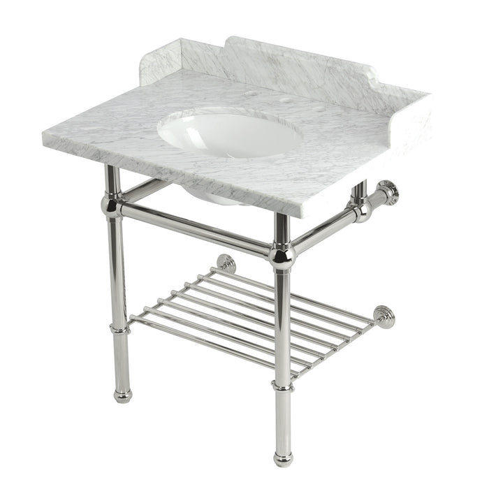 Kingston Heirloom LMS3030MBB6 - Pemberton 30-Inch Carrara Marble Console Sink with Brass Legs and Shelf (8-Inch, 3-Hole), Carrara Marble White/Polished Nickel