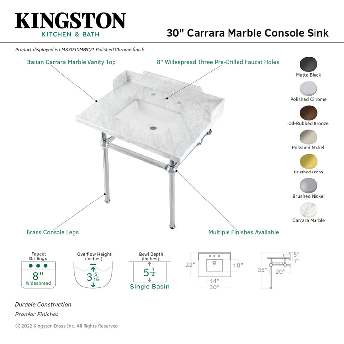 Kingston Heirloom LMS3030MBSQ0 - Pemberton 30-Inch Carrara Marble Console Sink with Brass Legs (8-Inch, 3-Hole), Carrara Marble White/Matte Black