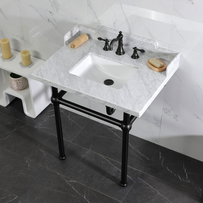 Kingston Heirloom LMS3030MBSQ0 - Pemberton 30-Inch Carrara Marble Console Sink with Brass Legs (8-Inch, 3-Hole), Carrara Marble White/Matte Black