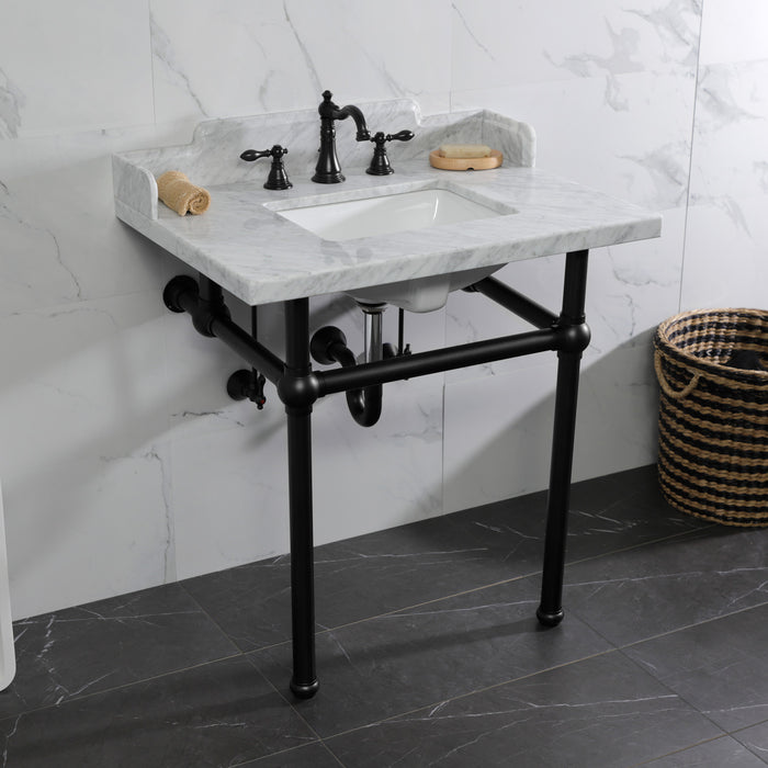 Kingston Heirloom LMS3030MBSQ0 - Pemberton 30-Inch Carrara Marble Console Sink with Brass Legs (8-Inch, 3-Hole), Carrara Marble White/Matte Black
